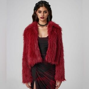 Maria Dionisou Maroon Faux Fur Jacket Festival Wear Burning Man Coachella Size L